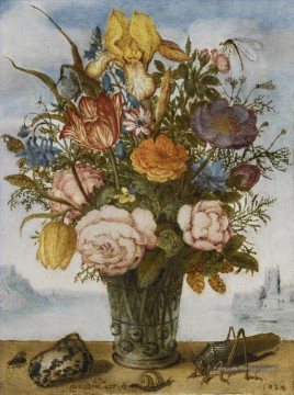 Fleur classiques œuvres - Bosschaert Ambrosius BOUQUET DE FLEURS SUR UNE FEUILLE ENSEMBLE AVEC UNE COQUILLE ET UN SAUMON